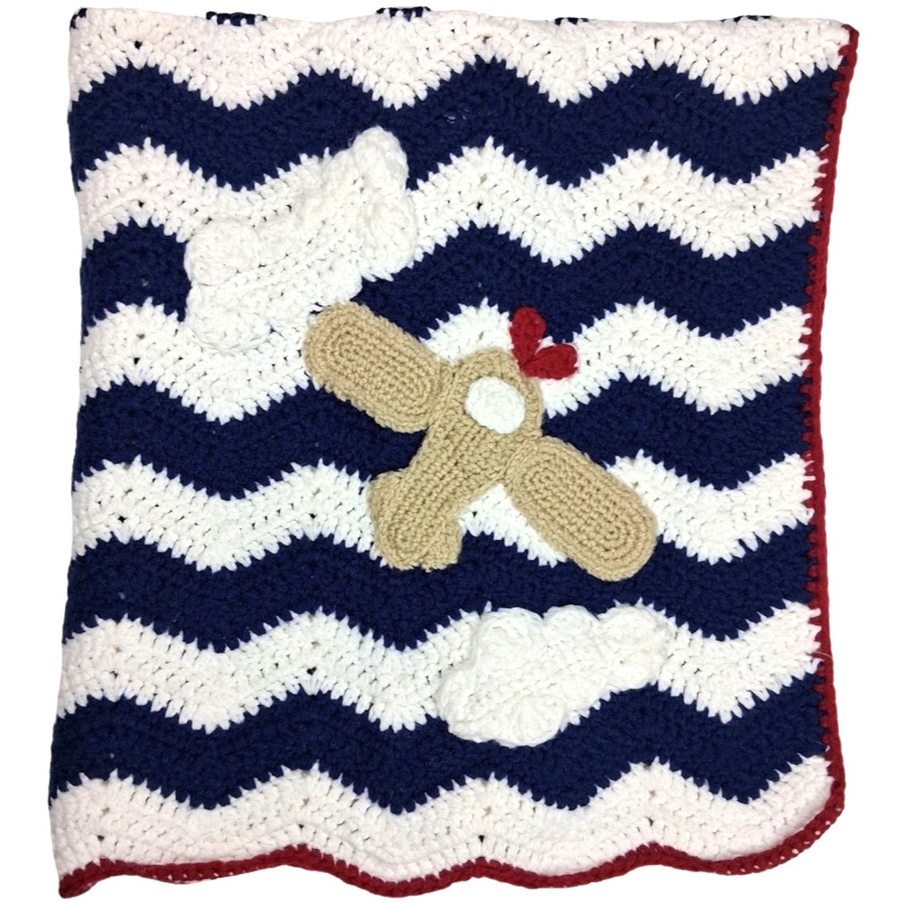 Airplane Handmade Baby Blanket Crochet Blue White Chevron Zig Zag 40x44 Soft Boy